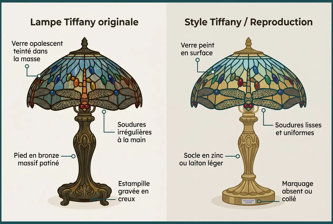Lampe Tiffany originale et reproduction: comparatif des éléments—verre opalescent, soudures, pied en bronze massif versus socle en zinc/laiton, marquage absent ou collé.