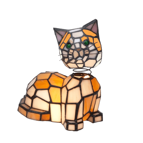 Statue/ornement en mosaïque montrant un chat assis avec des teintes orange et crème et des contours noirs, style Tiffany.